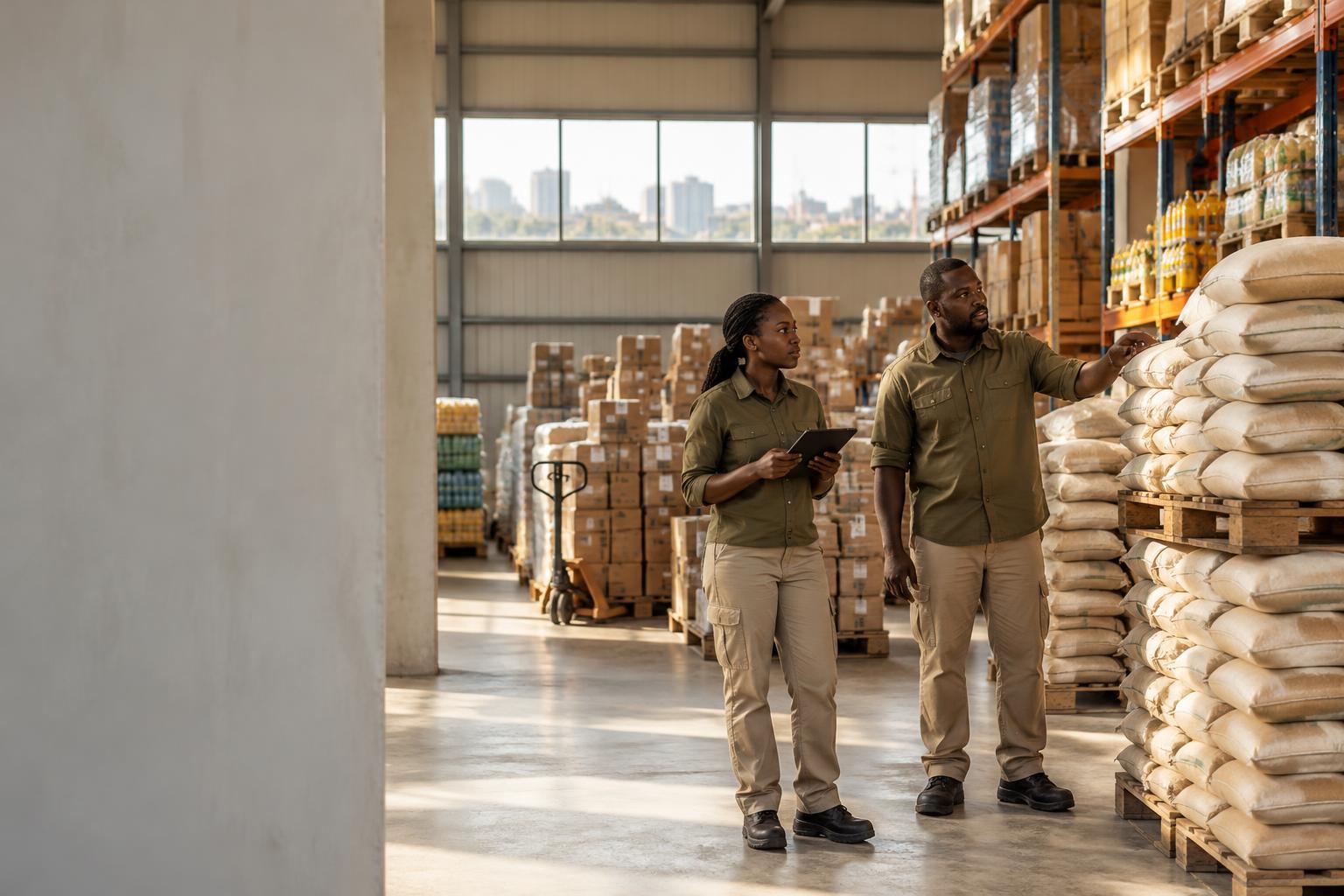 Nigerian wholesale professionals checking stock in an organized warehouse